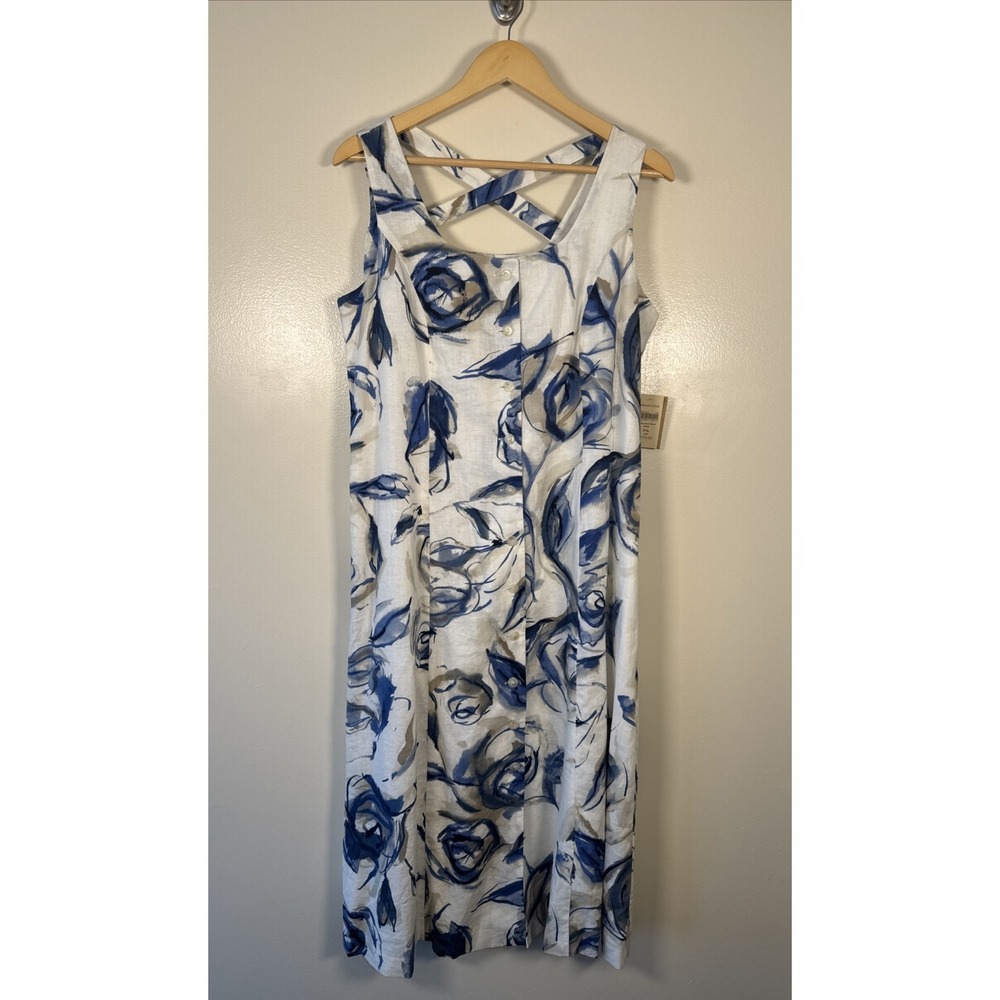 Coldwater‎ Creek Maxi Dress NWT Sz 16 Petite Linen Blend Lined Blue White Floral